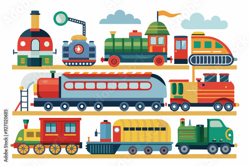 Colorful Cartoon Trains and Locomotives on White Background