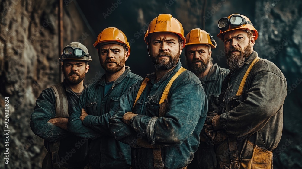 A group of miners in hardhats and helmets standing together underground, emphasizing camaraderie and the tough conditions of mining work A group of miners in hardhats and helmets standing together underground, emphasizing camaraderie and the tough conditions of mining work