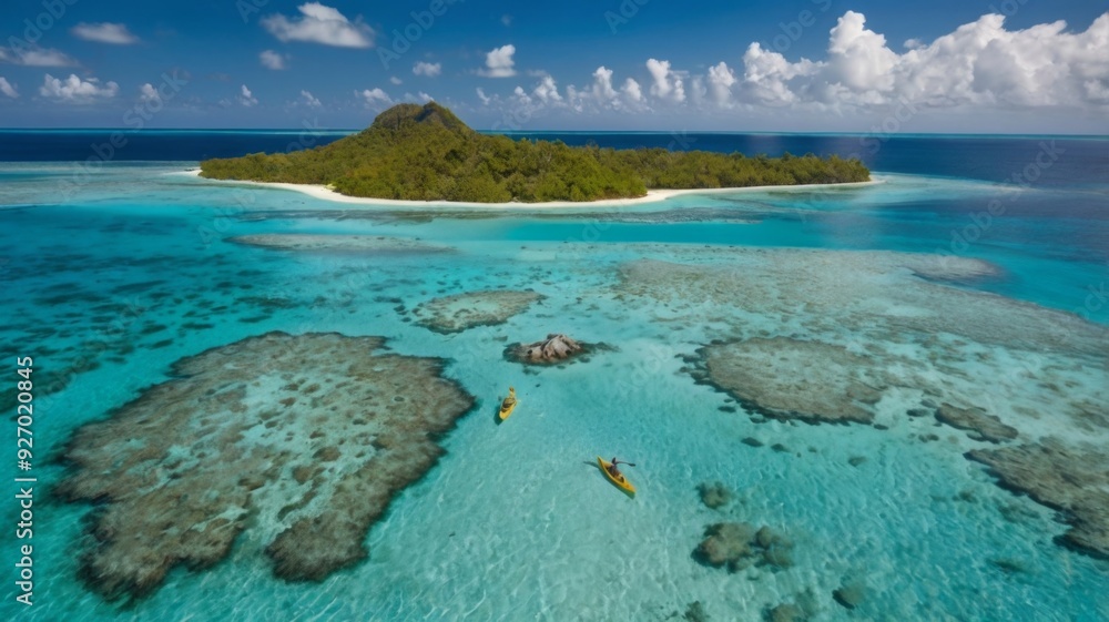Obraz premium A breathtaking aerial view of a tropical island with clear turquoise waters and a lone adventurer kayaking, capturing the essence of travel and exploration.