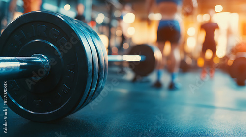 a gym, with people working out and equipment in the background.