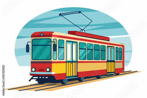 Red and Yellow Tram on Tracks with Blue Sky Background