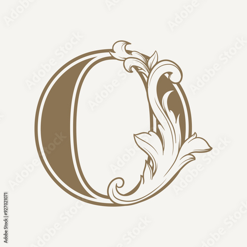 stylized fancy letter O with a leaf flower vintage ornament