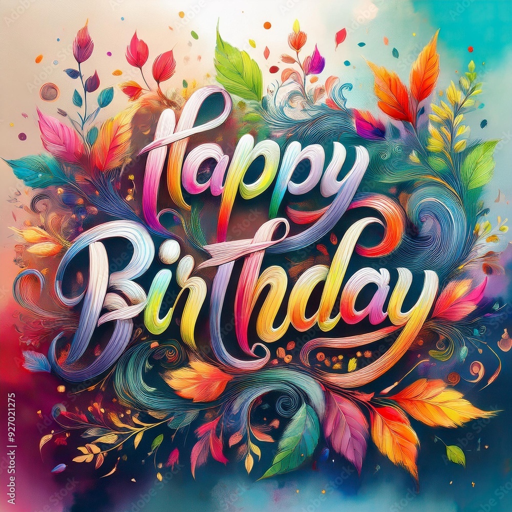 Realistic happy birthday vibrant lettering text poster; calligraphy and watercolor painting style Realistic happy birthday vibrant lettering text poster; calligraphy and watercolor painting style