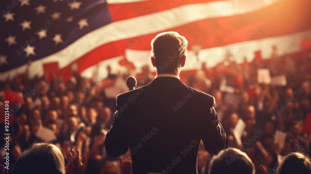 American flag draped behind a politician giving a speech, with a crowd cheering, representing the fervor of political campaigns American flag draped behind a politician giving a speech, with a crowd cheering, representing the fervor of political campaigns