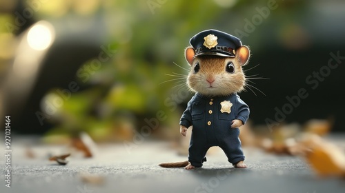 Adorable small animal in a full police uniform, including a hat, standing proudly as a tiny law enforcer photo