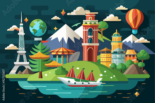 A Colorful Illustration of a Cityscape With a Boat on a Lake