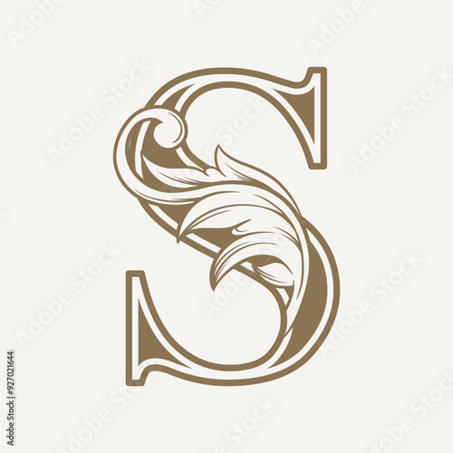 stylized fancy letter S with a leaf flower vintage ornament