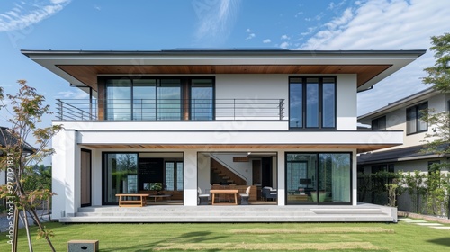 Modern, Energy Efficient Home with Thermal Insulation in a Suburban Neighborhood under Blue Sky