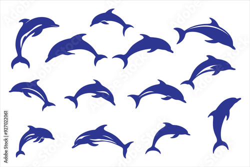 Dolphin Silhouette Bundle Set in Various Poses, Dolphin in a jump Silhouette