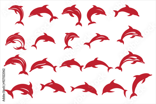 Dolphin Silhouette Bundle Set in Various Poses, Dolphin in a jump Silhouette