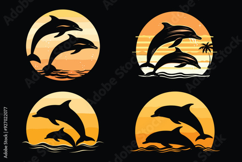 Dolphin Silhouette Bundle Set in Various Poses, Dolphin in a jump Silhouette