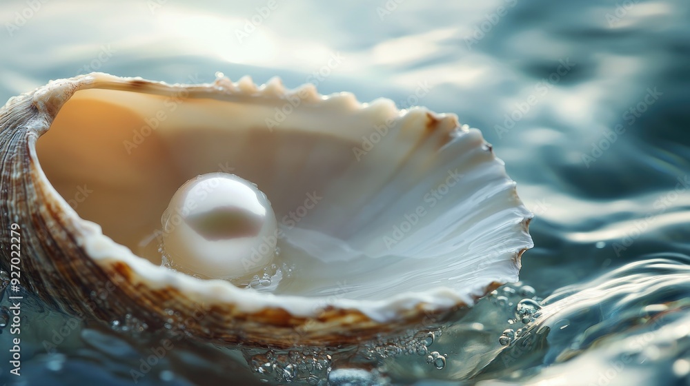 Beautiful close-up of a pearl in an open shell, submerged in water, capturing the serene and precious nature of sea jewels Beautiful close-up of a pearl in an open shell, submerged in water, capturing the serene and precious nature of sea jewels