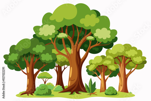 Cartoon Illustration of a Forest with Lush Trees and Green Bushes