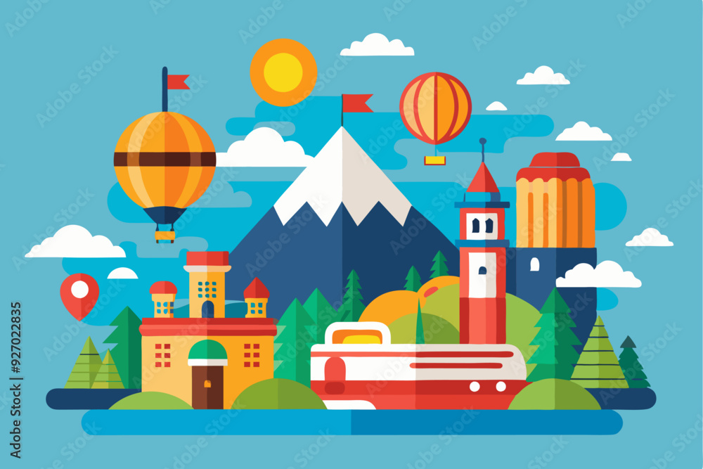 A Colorful Illustration of a Mountainous Landscape with Buildings, Boats, and Hot Air Balloons A Colorful Illustration of a Mountainous Landscape with Buildings, Boats, and Hot Air Balloons