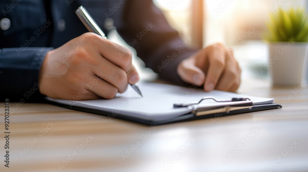 Close-up of a person writing on a notepad, showcasing creativity and idea generation in a bright workspace. Close-up of a person writing on a notepad, showcasing creativity and idea generation in a bright workspace.