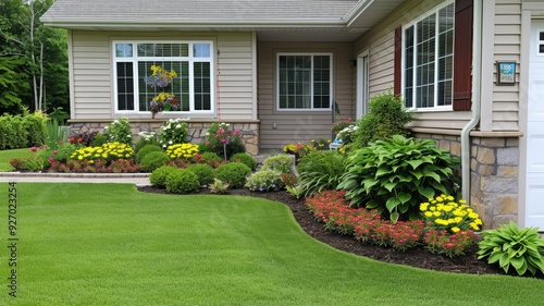 Fototapeta Naklejka Na Ścianę i Meble -  Beautifully landscaped garden with vibrant flowers and lush green lawn, showcasing modern home aesthetics and nature's charm.