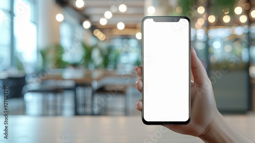 Blank smartphone screen displayed in a cozy cafe atmosphere, perfect for app design or tech-related projects.