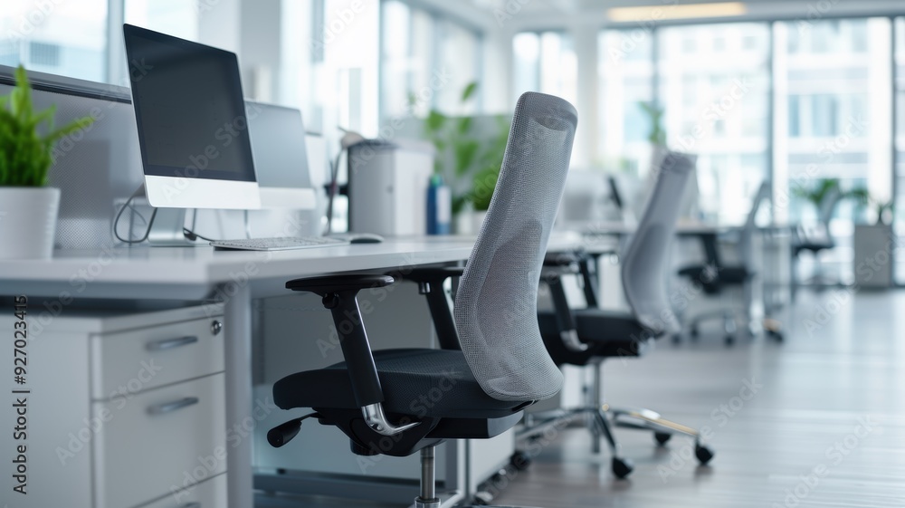 Modern office space with sleek desks, comfortable chairs, and natural light creating a productive atmosphere. Modern office space with sleek desks, comfortable chairs, and natural light creating a productive atmosphere.