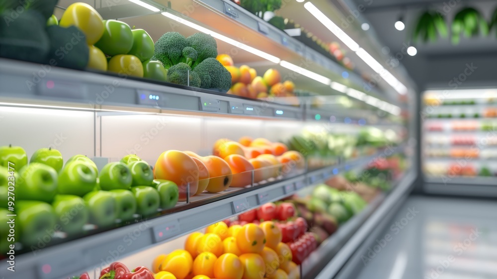 Vibrant assortment of fresh fruits and vegetables displayed in a modern grocery store with bright lighting and organized shelves. Vibrant assortment of fresh fruits and vegetables displayed in a modern grocery store with bright lighting and organized shelves.