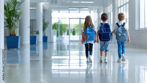Three children walk together down a bright school hallway, carrying backpacks and enjoying their time in a cheerful atmosphere.