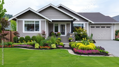 A beautiful suburban home with vibrant landscaping, featuring a well-maintained yard and colorful flower beds.