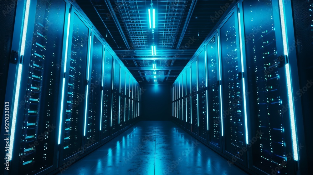 High-Tech Data Center with LED-Lit Servers Highlighting Robust Cloud Security Measures High-Tech Data Center with LED-Lit Servers Highlighting Robust Cloud Security Measures