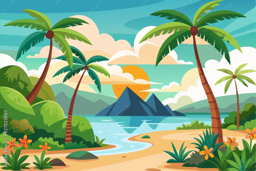 Obraz premium Tropical Island Beachscape with Palm Trees and Sunset