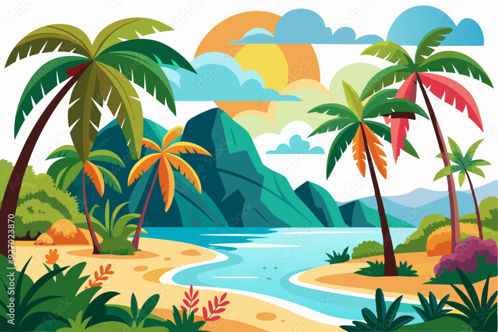 Obraz premium Tropical Beach Scene with Palm Trees and a Sunset