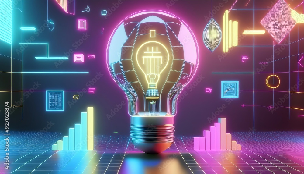 A futuristic light bulb design with vibrant neon colors and digital graphs, symbolizing innovation and creativity in technology. A futuristic light bulb design with vibrant neon colors and digital graphs, symbolizing innovation and creativity in technology.