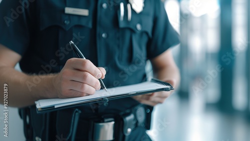 A police officer writes notes on a clipboard, showcasing law enforcement duties in a modern environment. photo