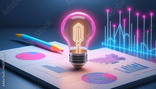 A glowing light bulb over a business report with colorful graphs, symbolizing innovation and creativity in data analysis. photo