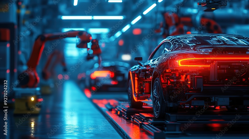 Car is being built on the production line of an automotive factory with robotic Arm Building Cars Car is being built on the production line of an automotive factory with robotic Arm Building Cars