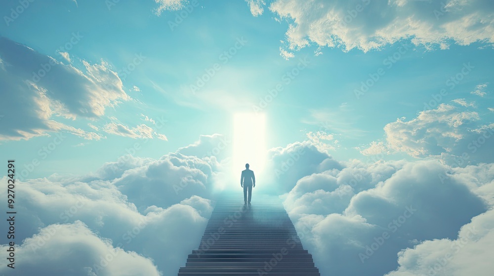 Fototapeta premium A man was walking up the stairs in heaven, with clouds and a blue sky in the background.
