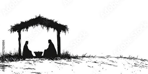 Black and white stencil silhouette of the nativity scene white background, Christmas themed, black lines on pure white.