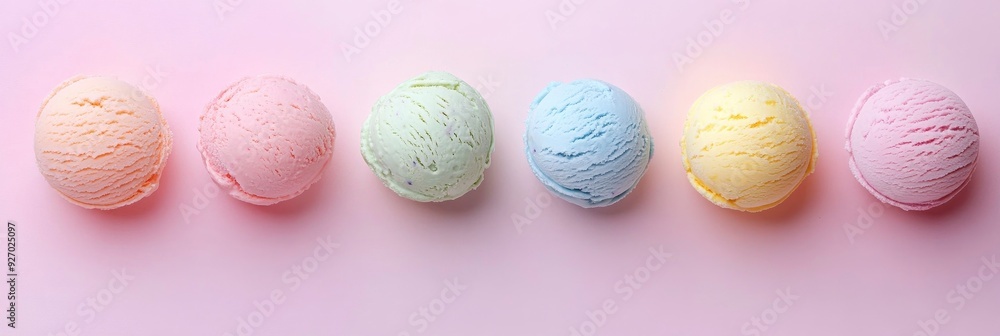 Fototapeta premium top view of ice cream of different colors on pastel background.
