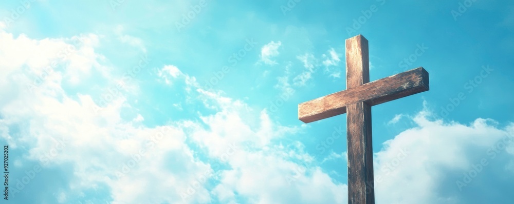 A wooden cross against blue sunny sky background with sunshine A wooden cross against blue sunny sky background with sunshine