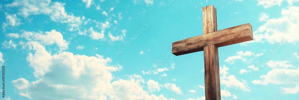 A wooden cross against blue sunny sky background with sunshine A wooden cross against blue sunny sky background with sunshine