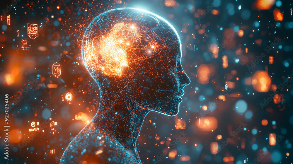 an abstract representation of AI as a glowing humanoid figure, surrounded by floating binary streams, symbolizing the merging of human intelligence with technology an abstract representation of AI as a glowing humanoid figure, surrounded by floating binary streams, symbolizing the merging of human intelligence with technology