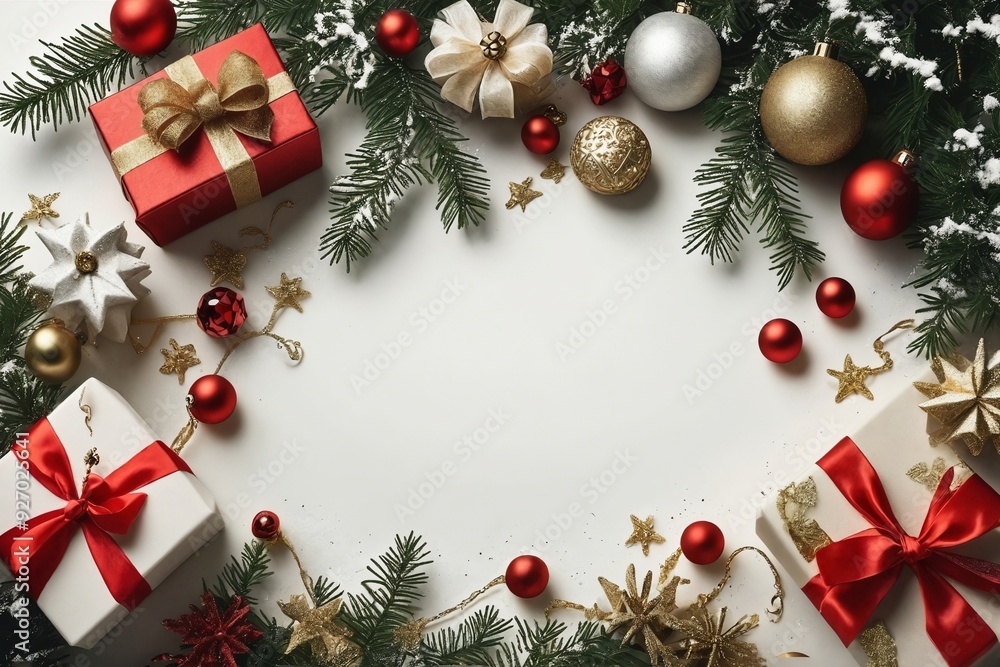 Christmas Decorations with Gift Boxes and Ornaments on White Backg Christmas Decorations with Gift Boxes and Ornaments on White Backg
