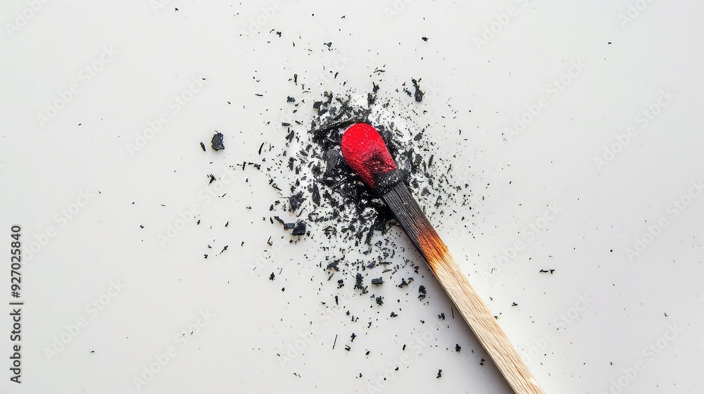 A burnt matchstick with black ash scattered around on a white background. A burnt matchstick with black ash scattered around on a white background.