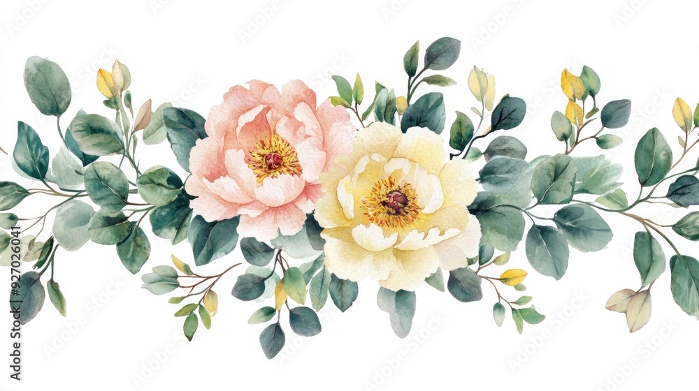 Fototapeta premium Watercolor floral bouquet peonies and eucalyptus in a long garland with leaves. A rustic beige white yellow green color palette.