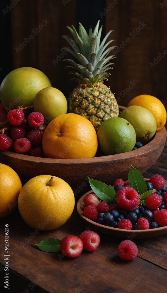 Artistic Arrangement of Exotic Fruits on a Dark Wooden Table. Ai generated image. Artistic Arrangement of Exotic Fruits on a Dark Wooden Table. Ai generated image.