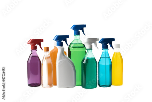 Effective cleaning products in use on white background