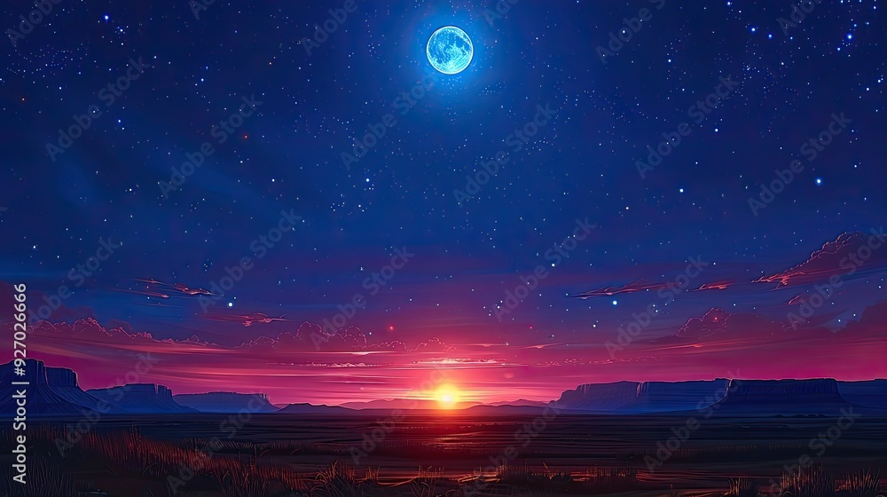 Fototapeta premium blue starry sky landscape at dusk against red sunset clouds background wide view of universe with stars 