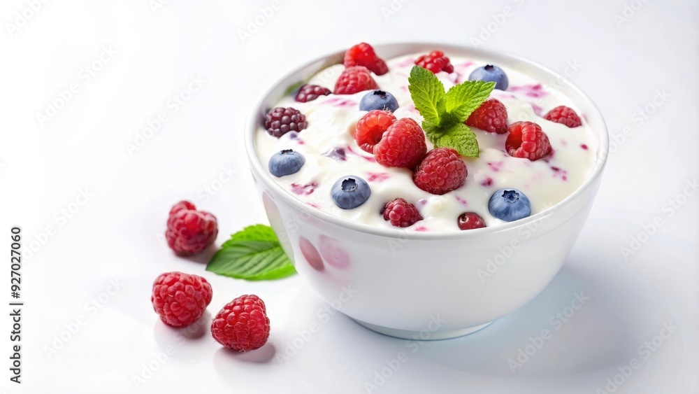 A bowl of creamy yogurt topped with fresh raspberries, blueberries, and a sprig of mint. This healthy and delicious breakfast or snack is perfect for any time of day. A bowl of creamy yogurt topped with fresh raspberries, blueberries, and a sprig of mint. This healthy and delicious breakfast or snack is perfect for any time of day.