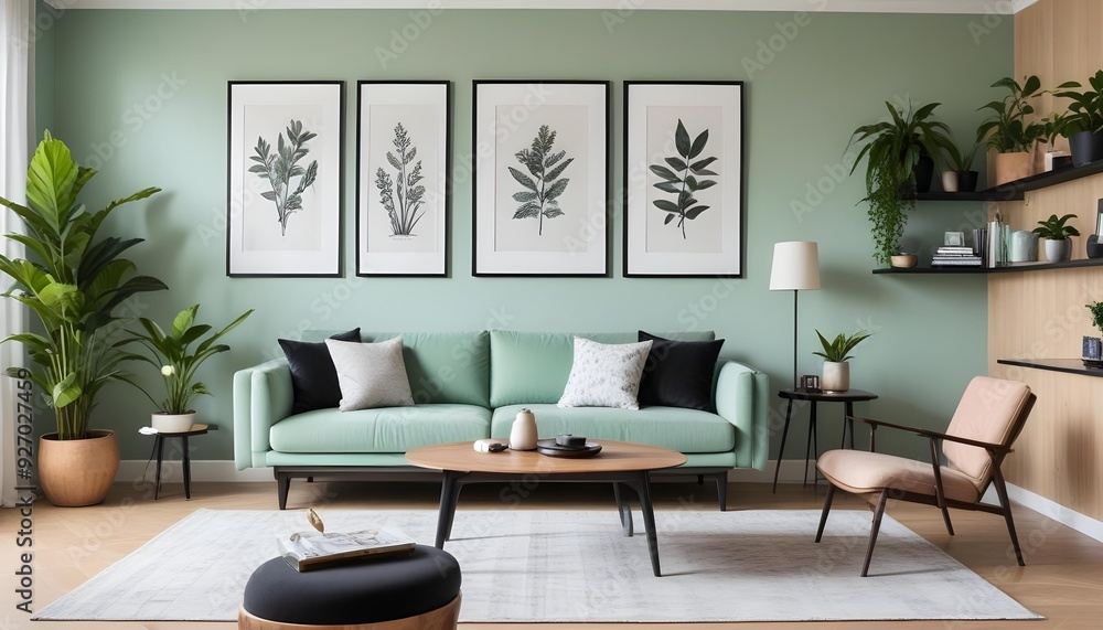 Fototapeta premium A modern living room with a mint green sofa, black shelves displaying artwork and plants, and a wooden coffee table.