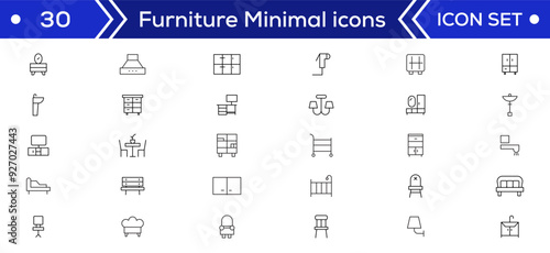 Furniture Minimal line icons Bundle. Sofa, Chair, Table, Bed, Lamp, Wardrobe, Mirror, Desk icon for apps and website