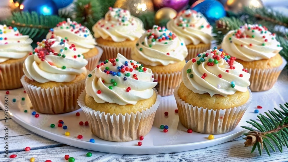 A close-up image of festive cupcakes with white frosting and colorful sprinkles. The cupcakes are arranged on a white plate and the background is blurred, with some green pine branches for a Christmas A close-up image of festive cupcakes with white frosting and colorful sprinkles. The cupcakes are arranged on a white plate and the background is blurred, with some green pine branches for a Christmas