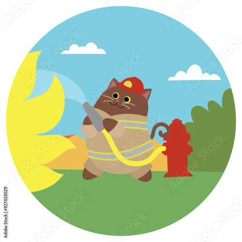 Colorful cartoon illustration of round kitty firefighter. Funny cat putting out fire. Cute characters animals with jobs. Flat colors