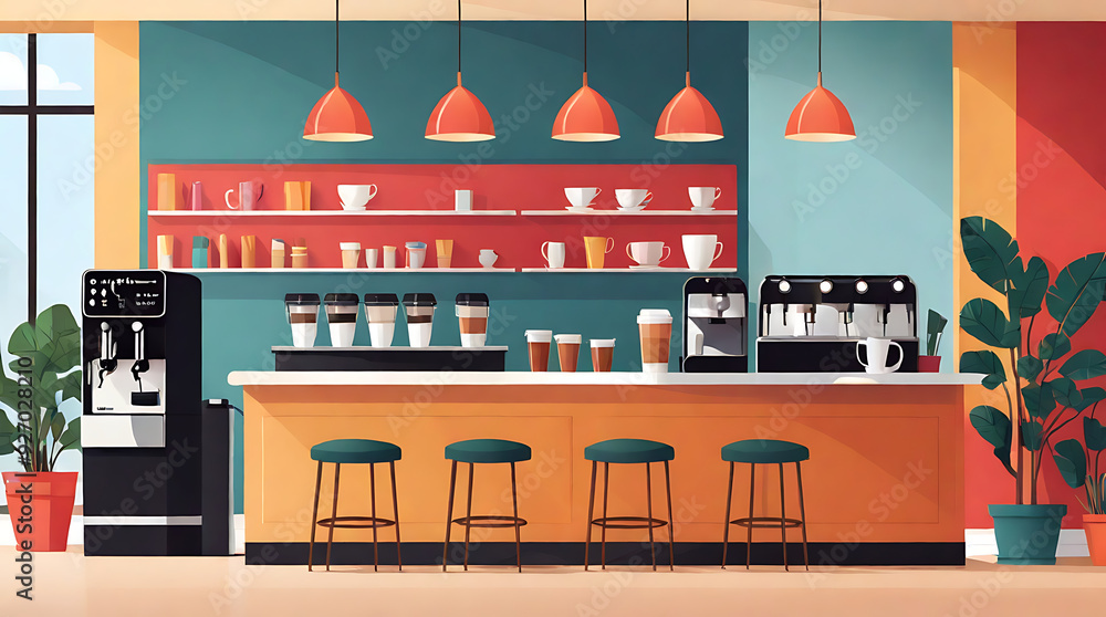2D Flat-Style Illustration of a Trendy Café with a Counter, Coffee Machine, and Seating Area, Featuring Bold Colors and Clean Design with Ample Copy Space 2D Flat-Style Illustration of a Trendy Café with a Counter, Coffee Machine, and Seating Area, Featuring Bold Colors and Clean Design with Ample Copy Space